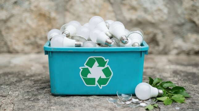 Blue recycling bin filled with used led light bulbs and broken glass shards on the ground