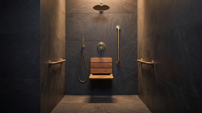 Admire symmetrical dark accessible shower interior featuring brass safety bars and folded wooden bench