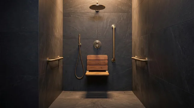 Admire symmetrical dark accessible shower interior featuring brass safety bars and folded wooden bench