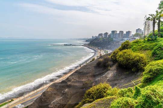 A view in the Miraflores district north along the cliffs of Lima, Peru in the dry season