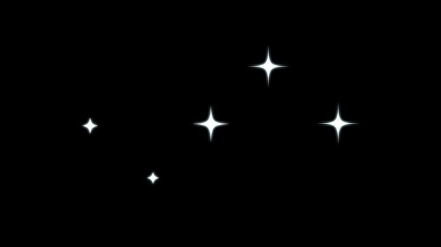 white flat cartoon stars blinking on black screen background, star glitter, shining retro doodle cartoon vector sparkles, twinkle light blinking effect 4k.