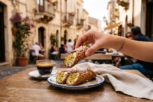 Woman hand holding authentic Sicilian cannolo dessert at sunny outdoor street cafe