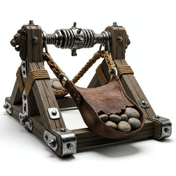 High-quality 3D illustration of an ancient medieval wooden catapult siege weapon. Featuring a leather pouch filled with round stones, thick ropes, and metal details, isolated on a white background.