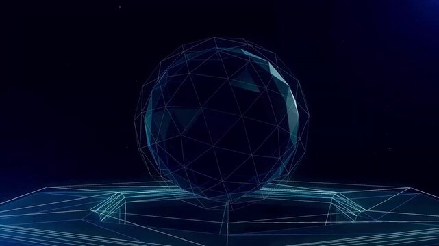 Abstract 3D digital low poly sphere rotating over futuristic geometric wireframe surface animation loop