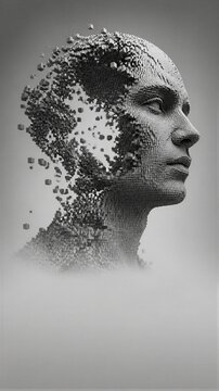 Fragmented human head made of floating cubes. Digital transformation and artificial intelligence concept.