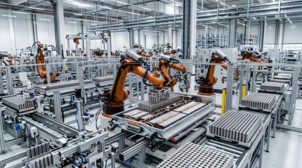 Industrial robotic arms assemble battery cells for electric vehicles on an automated conveyor line within a modern high tech factory © Maham