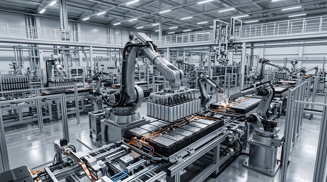 Robotic arms working on an automated battery production line inside a modern bright factory facility with metal components and equipment