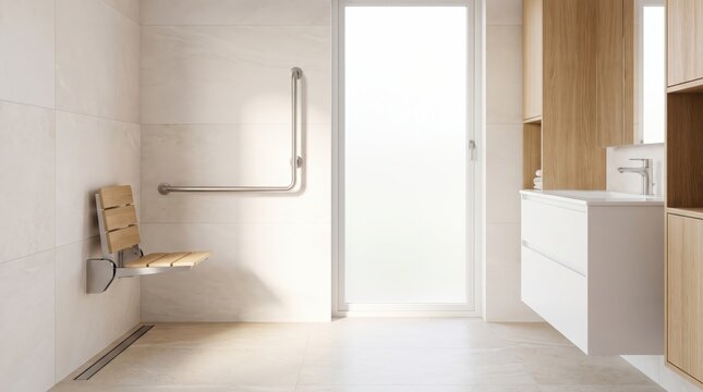 Explore minimalist bright accessible washroom interior providing wooden folding seat and sturdy grab bars