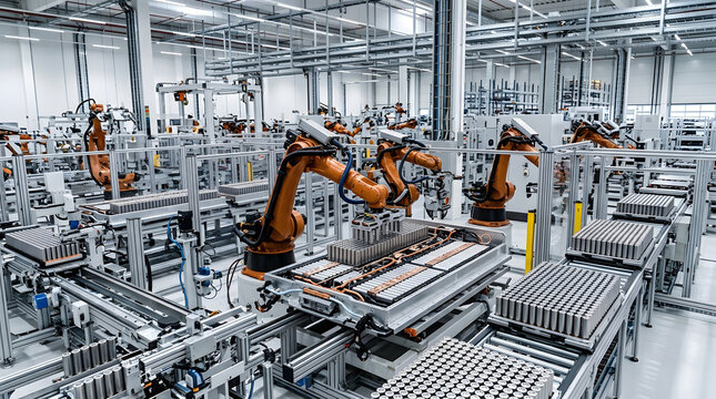 Industrial robotic arms assemble battery cells for electric vehicles on an automated conveyor line within a modern high tech factory