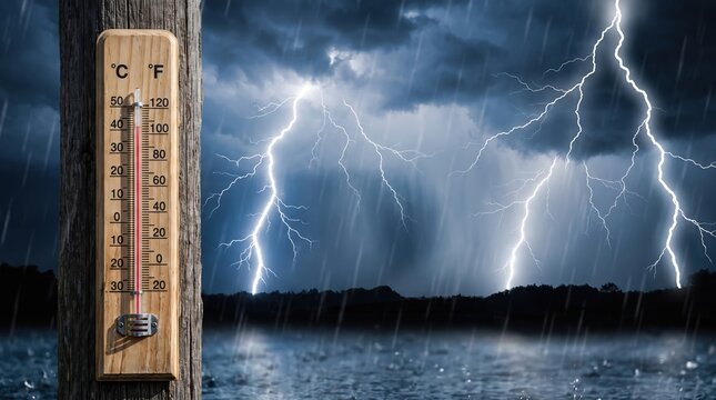 Thermometer with high temperature against the background of pitch black sky and lightning strikes. Storm concept. Extreme weather. Weather changes. Effects of global warming