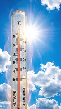 Thermometer temperature high weather summer heatwave Glass thermometer shows high temperature weather sunny sky bright. Etreme global warming. sun hot warm heat stroke, red degree scale measure