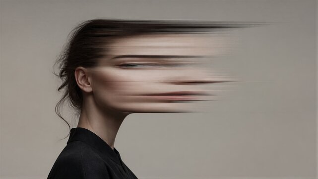 Distorted closeup portrait of a woman with face dissolving into horizontal digital lines. Glitch art concept about identity, technology, memory, and digital transformation.