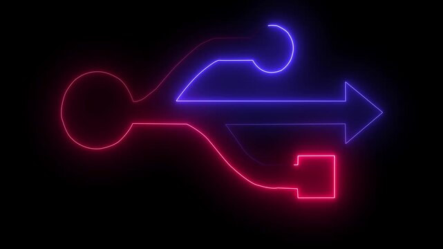Neon usb symbol glowing with pulsing red and blue light animation for technology and data transfer concepts