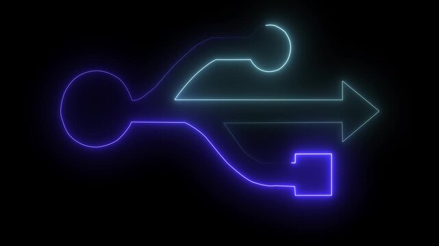 Neon usb symbol glowing with pulsing blue and purple light animation for technology and data transfer concepts