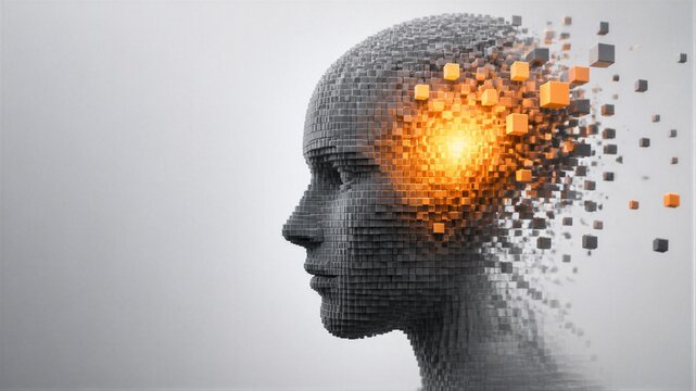 Abstract human head formed from geometric cubes with glowing orange transformation effect. Digital artificial intelligence concept with copy space for technology innovation design.