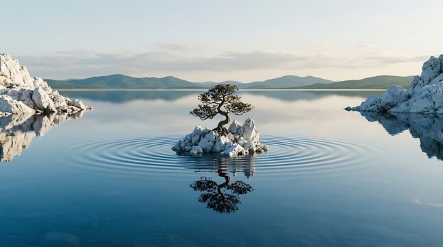 Dramatic lone dead tree reflecting in serene misty mountain lake at sunrise