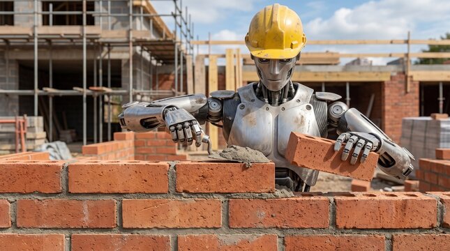 A metallic bipedal robot with a hard hat demonstrates automated masonry skills, applying mortar to a red brick wall with a trowel on a scaffolded construction site.