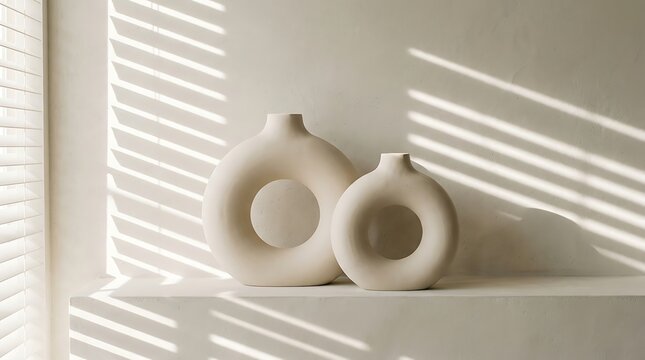 Minimalist white ceramic vases casting soft shadows on sunlit wall in modern decor setting
