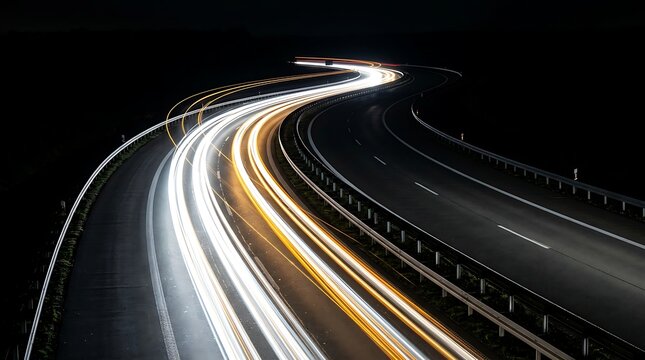 High-speed night traffic motion blur on empty urban highway with light trails from cars