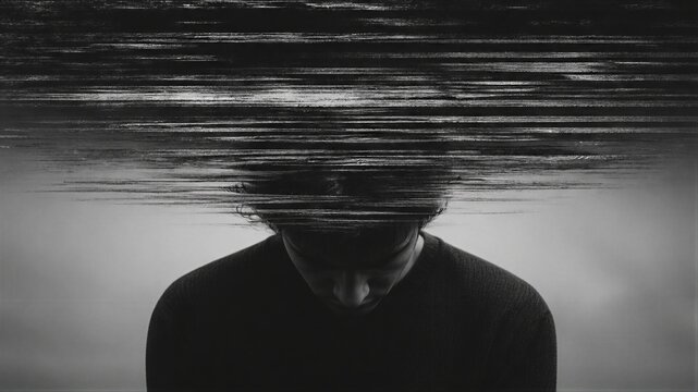 Sad man looking down beneath glitching digital distortion. Mental health, emotional distress, depression, anxiety, and technology concept in dramatic monochrome portrait.