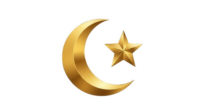 Shiny golden crescent moon and star symbol for religious celebration isolated on transparent background