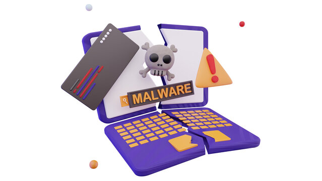 3d rendered broken laptop computer with skull icon warning sign and malware search bar