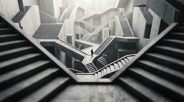 Modern minimalist architectural staircase with geometric design and natural light in corporate building