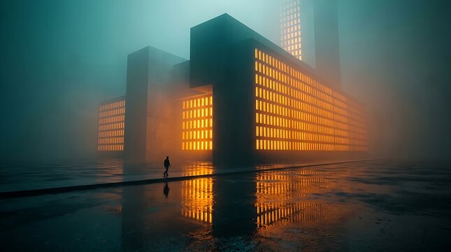 Modern high-rise building at dusk reflecting warm golden light in urban fog