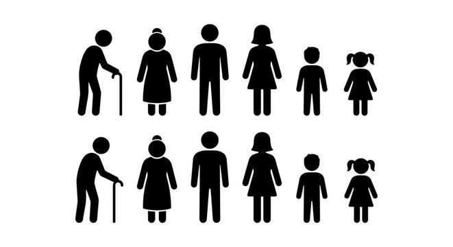 Diverse Family Stick Figure Icons, People Silhouettes, Generation Representation, Human Group Collection