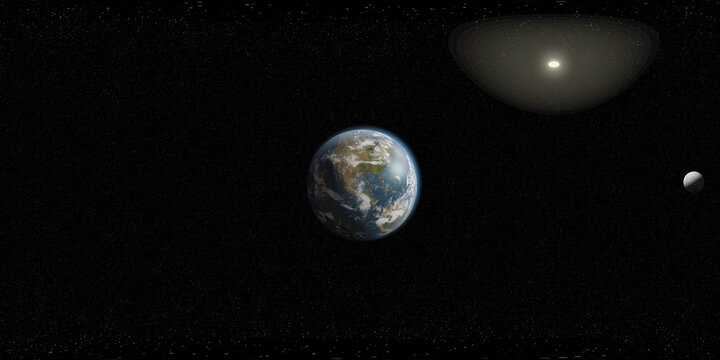 Earth Sun and Moon on a starry field 360 space panorama