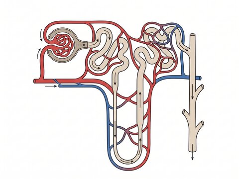 Diagram of nephron anatomy showing renal corpuscle and tubule blood flow with physiology filtration excretory education corpuscle structure capillaries function illustration glomerulus