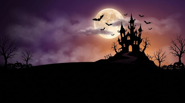 Spooky haunted castle silhouette against full moon night sky with glowing pumpkins with flying bats glowing castle atop hill hill under large