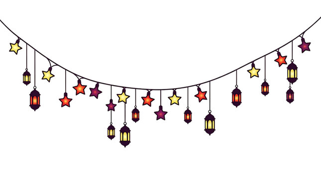 Decorative hanging garland with glowing lanterns and colorful stars for ramadan and eid celebration isolated on transparent background