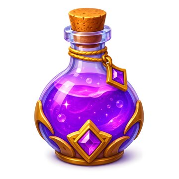 Magic purple potion bottle with glowing liquid, cork stopper, and gold decorations, isolated on white background. Game asset, fantasy elixir, mana potion, or alchemy concept illustration.