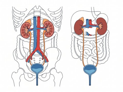 Human urinary system anatomy with kidneys and bladder diagram excretory physiological filtration internal structure physiology scientific illustration healthcare education medicine
