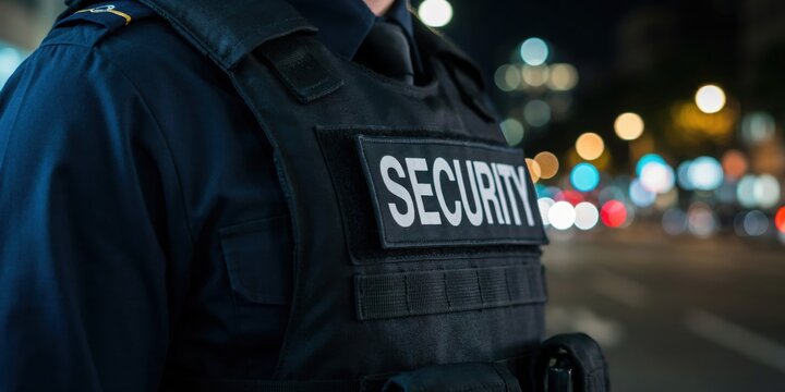 Security guard wearing a bulletproof vest at night in a city