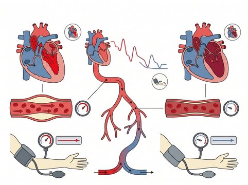 Human blood pressure mechanics and cardiovascular system infographic with pressure cardiovascular circulation arteries physiology hypertension arterial measurement clinical stethoscopy