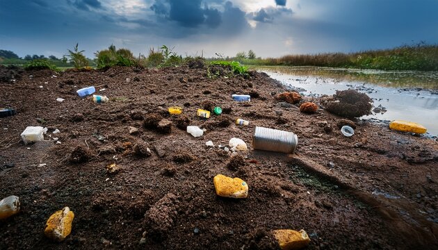 polluted soil sample with visible contaminants and debris