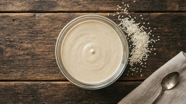 Bowl of tahini paste with sesame seeds on a rustic wooden table