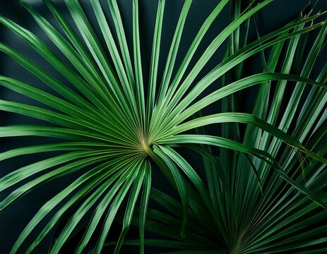 close up of long green tropical leaves on dark background