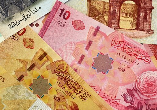 Syrian pound money bills in pile on table. Syria SYP currency cash close up