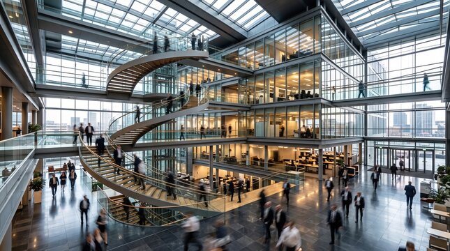 Busy glass atrium with moving professionals with crisp detail