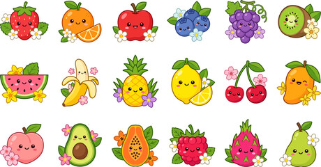 Naklejka premium Cute pixel art fruit icons collection isolated on transparent background
