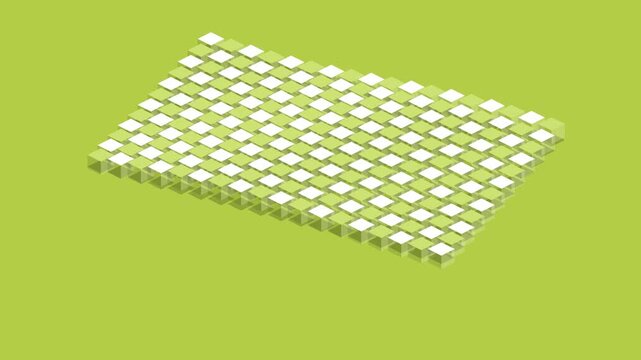 Isometric grid of small green and white square cubes arranged in a neat pattern on a light green surface