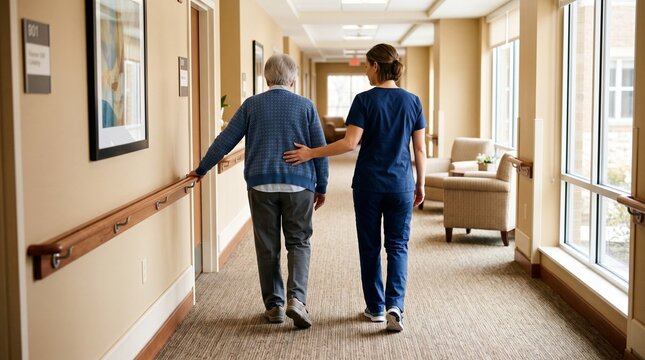 Female nurse assisting elderly patient walking down bright hospital corridor