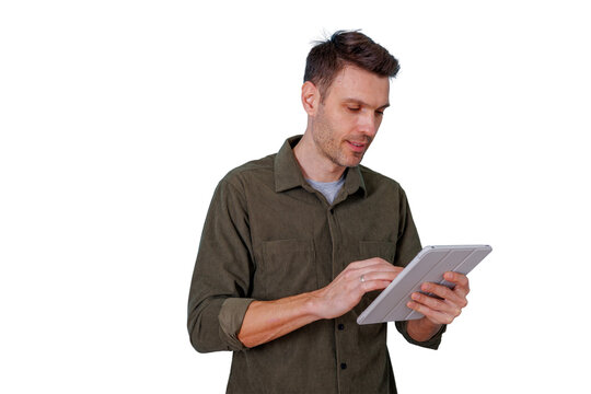 Man interacting with digital tablet, managing online information, browsing internet content, staying connected to technology, transparent background