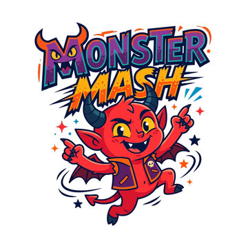 Cute Red Little Devil Character Dancing with Monster Mash Typography Text on White Background