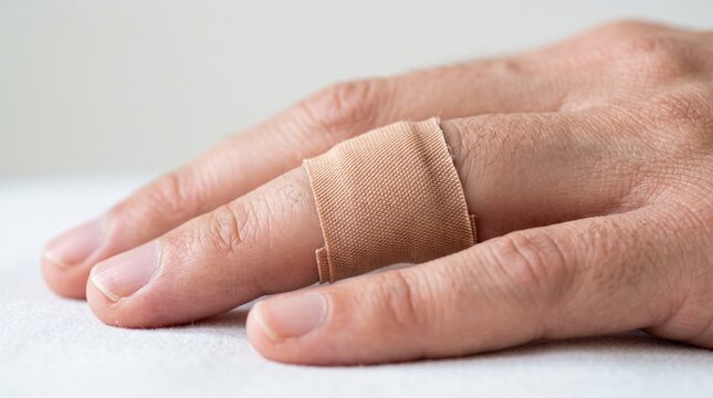 Human finger wrapped with an adhesive bandage for minor wound care