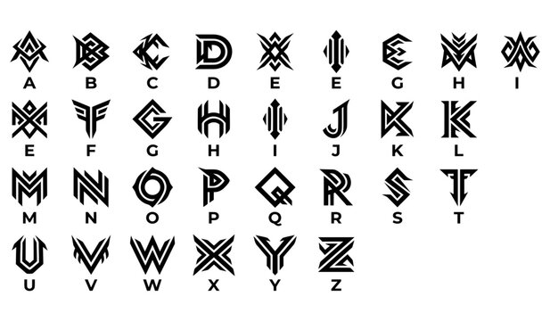 Alphabet letter logos set with modern tribal geometric monograms from A to Z isolated on white background.