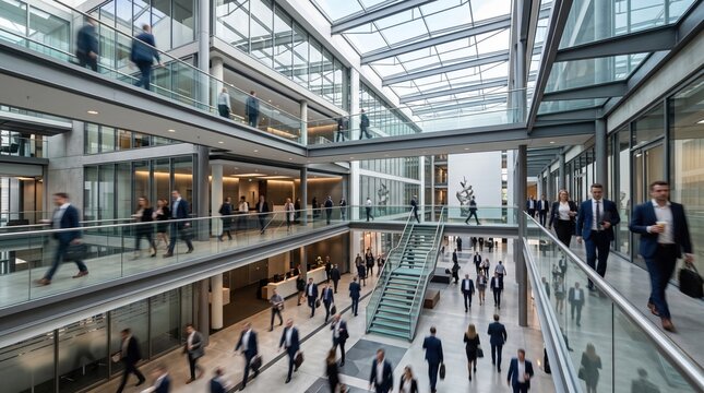 Professionals walking through glass atrium with useful negative space